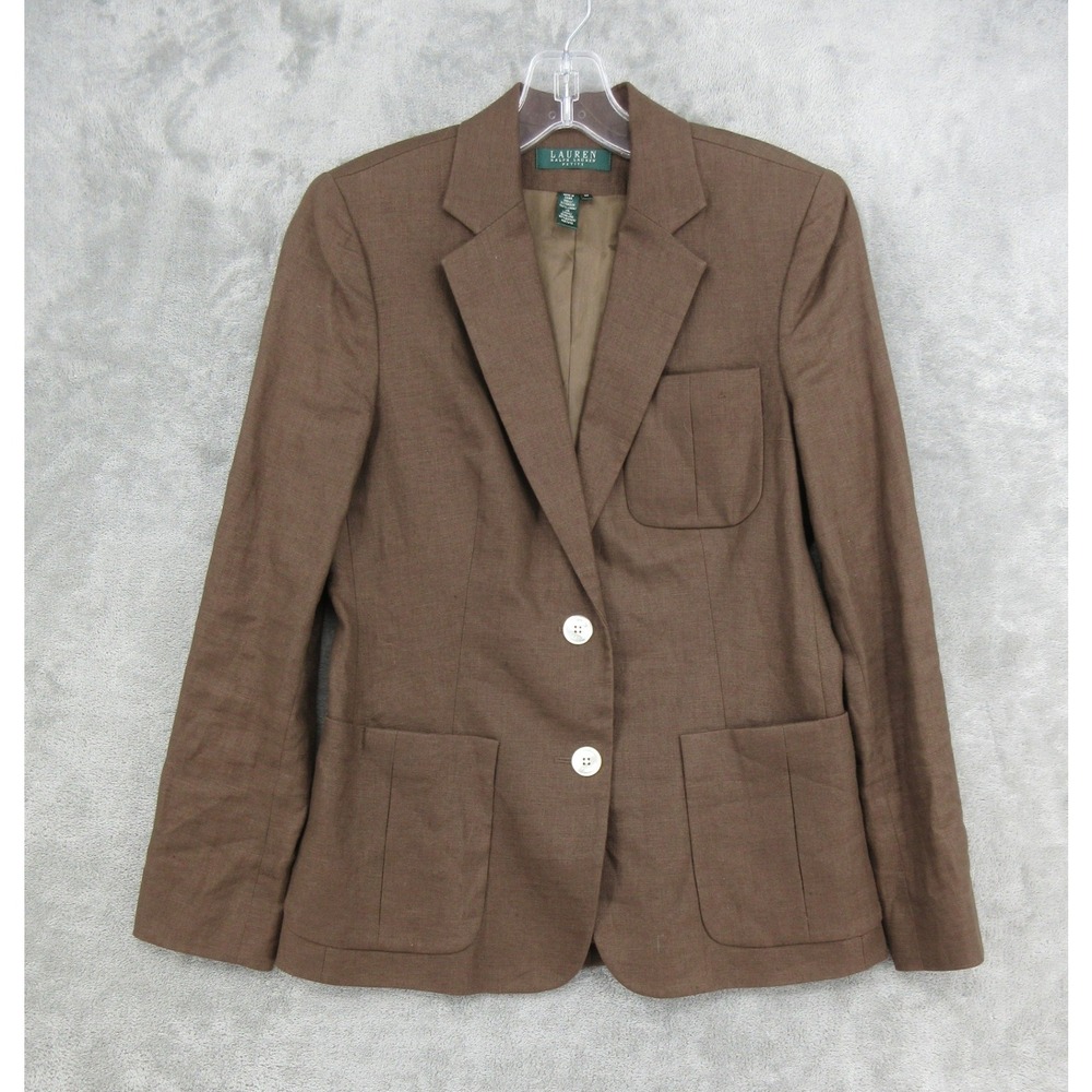 Vintage Ralph Lauren Blazer Womens Size 4 Petite Linen Button Front Office Brown